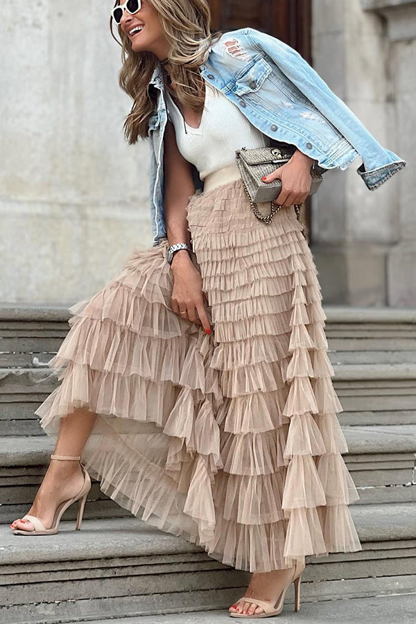 Jupe longue en tulle à taille élastique et à volants Soyez votre propre reine de la ville