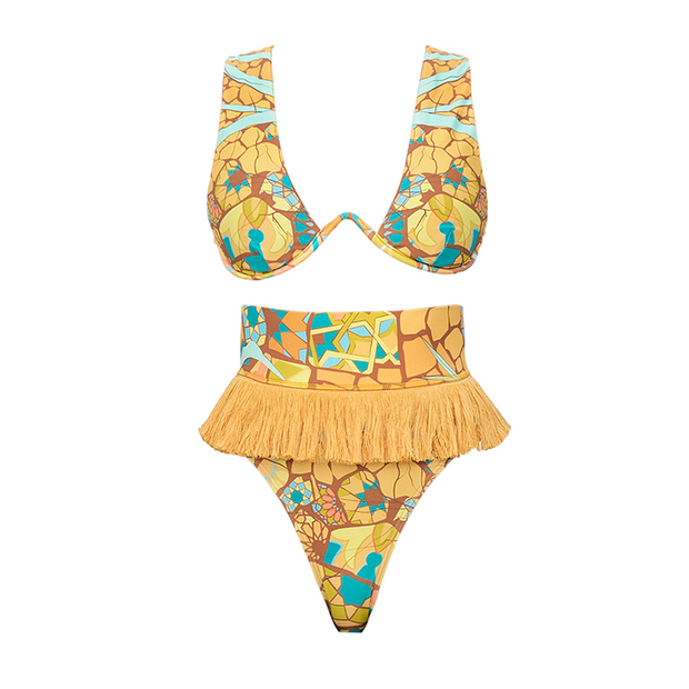 Opulent Printed Tassel Bikini Swimsuit and Cape