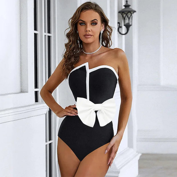 Off Shoulder Bow Tie One Piece Swimsuit and Skirt