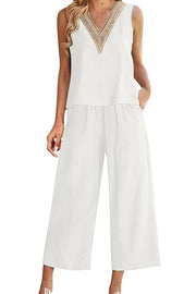 Mchoice Women's Summer Outfits Fashion V-neck Solid Color Sleeveless Tops and Loose Pocket Pants Suit