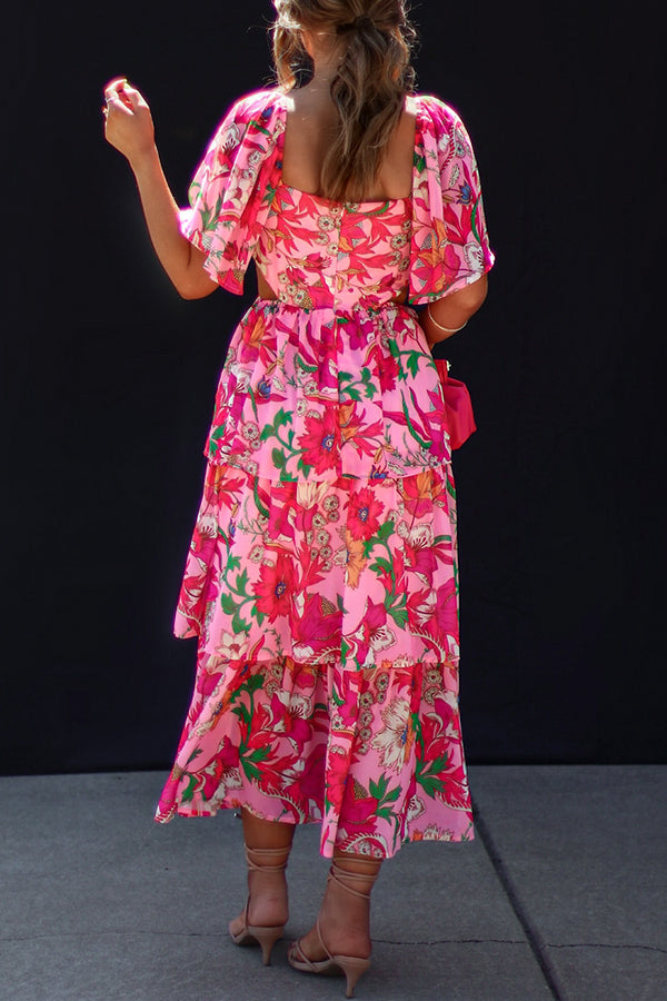 It's All Special Floral Cutout Waist Tiered Midi Dress