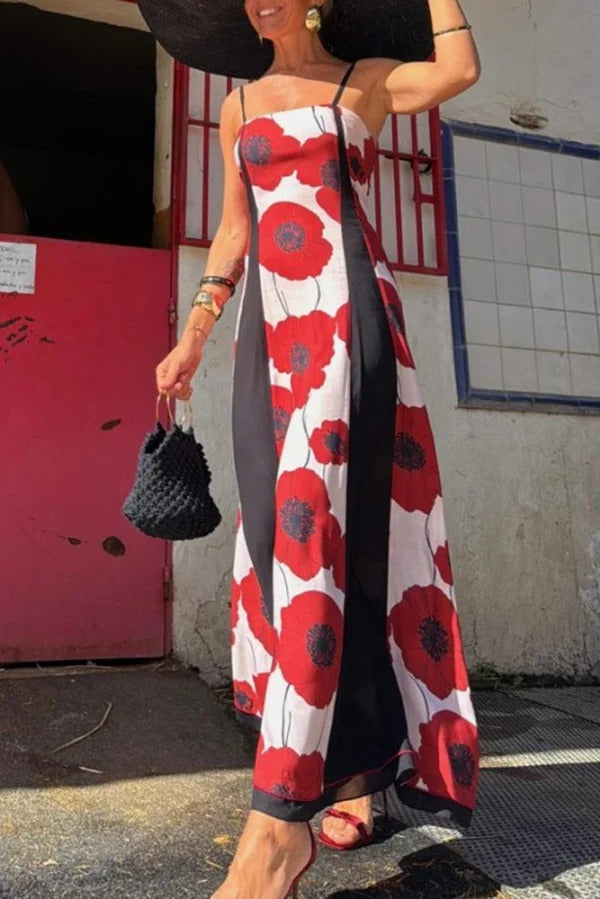 Robe longue plissée à bretelles et imprimé floral