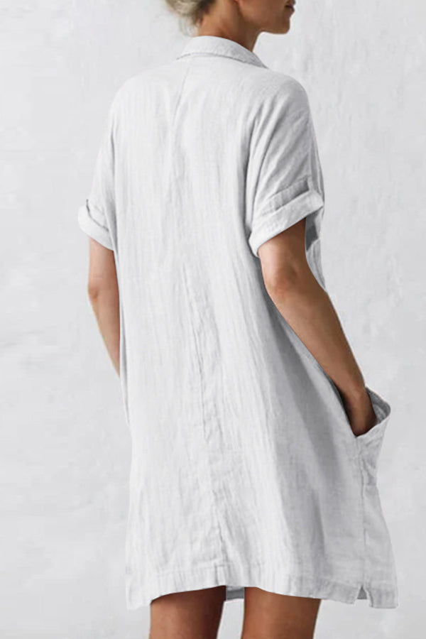 Cotton Linen Long Sleeve Irregular Pocket Dress Shirt Dress