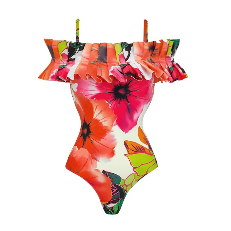 Maillot de bain une pièce imprimé à volants et épaules dénudées avec jupe 