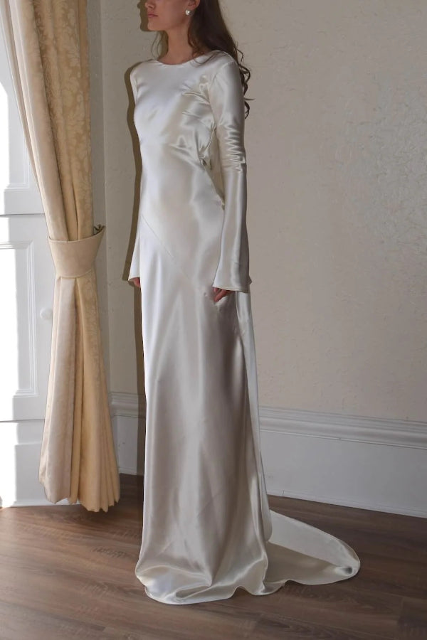Robe longue en satin à col bénitier et dos ouvert Pearl Eden 