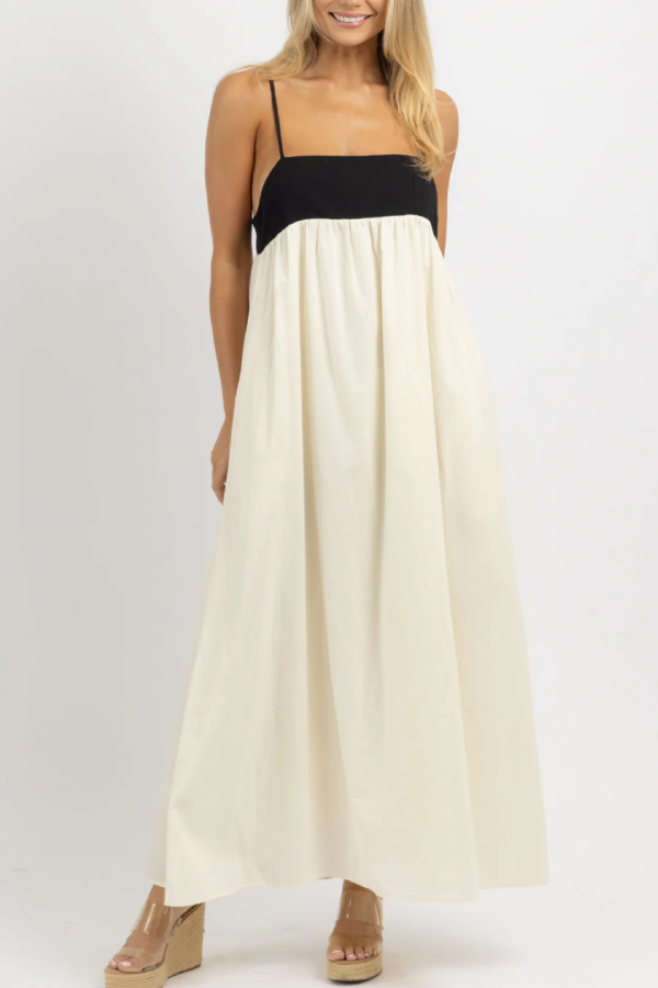 Sexy Sling-Maxikleid aus Leinenmischung mit rückenfreiem Kontrast