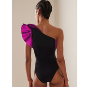 One Shoulder Ruffle Color Block One Piece Swimsuit and Sarong