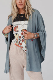 Textured Lace Trim Open Front Kimono Cardigan