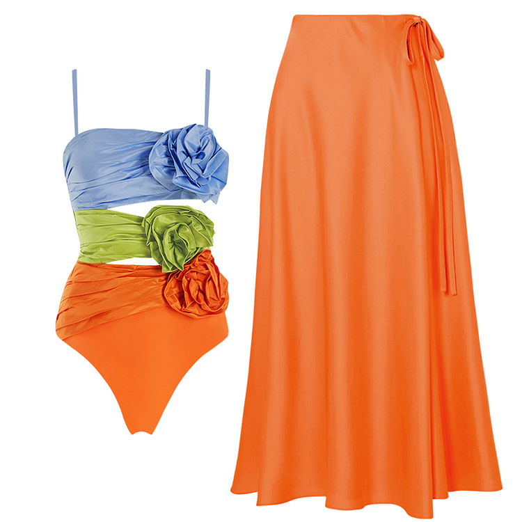 Maillot de bain une pièce et jupe à fleurs 3D 