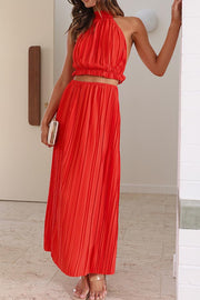 Marilyn Sexy Pleated Tie Halter Neck Backless Tank Dress Two-Piece Set