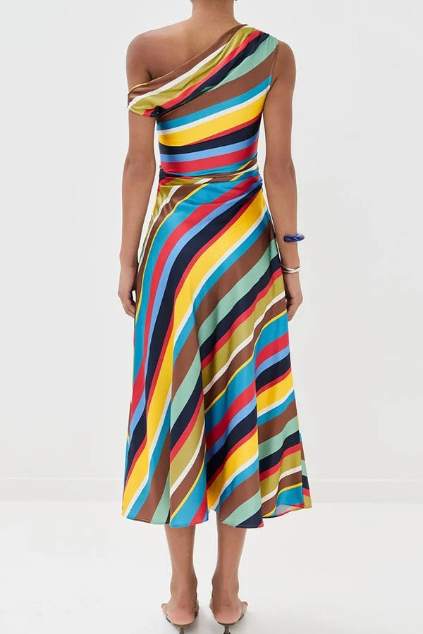 Sunkissed Satin Colourful Stripe Print One Shoulder Midi Dress