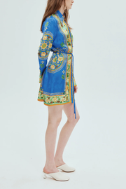 Katia Satin Unique Print Shaped Collar Tie-up Waist Shirt Mini Dress