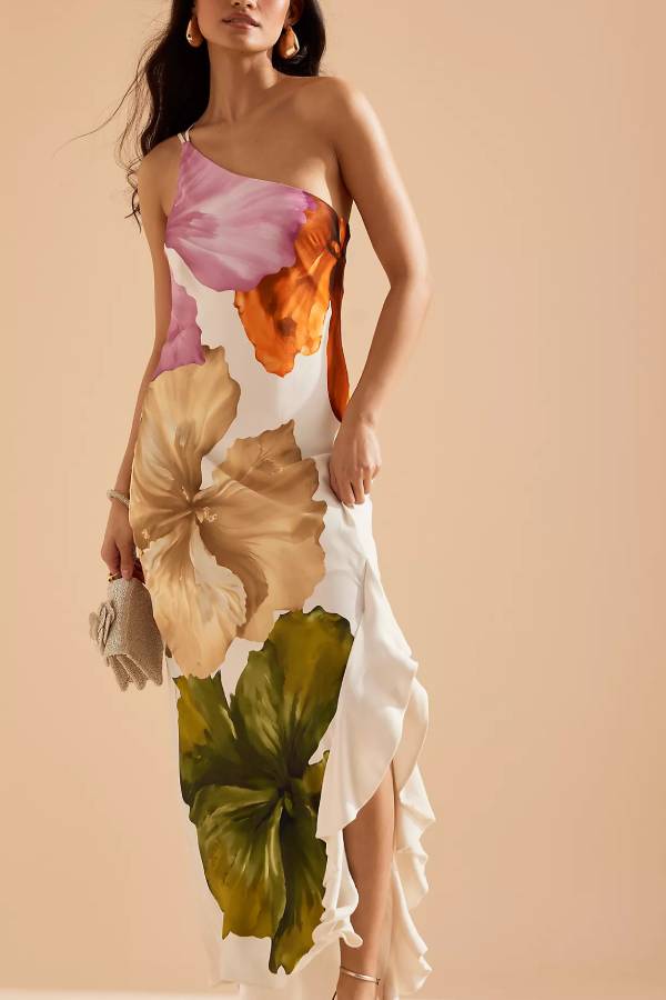 Robe longue à imprimé floral et volants sur les côtés, asymétrique et à une épaule