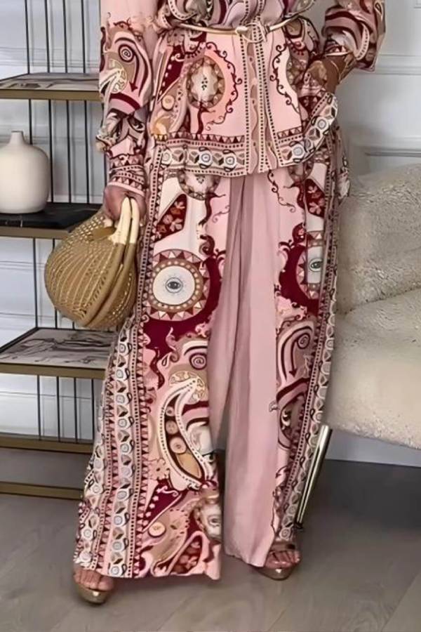 Modern And Exquisite Unique Satin Pattern Print Elastic Waist Loose Wide-Leg Pants