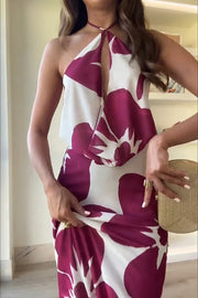 Leslie Flower Print Halter Cutout Cowl Neck Backless Maxi Dress