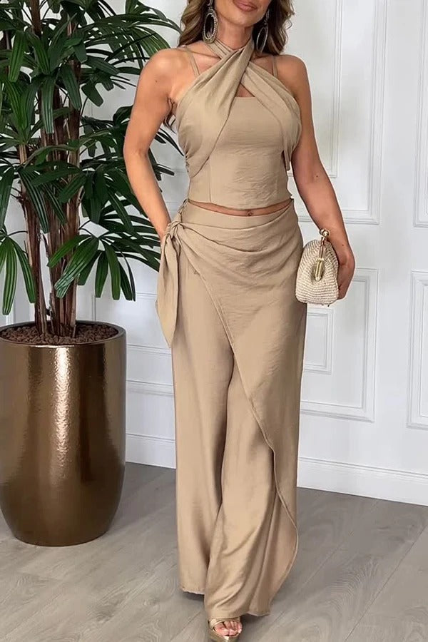 Kathy Linen Blend Cross Halter Smocked Top and Elastic Waist Wrap Tie-up Pants Set