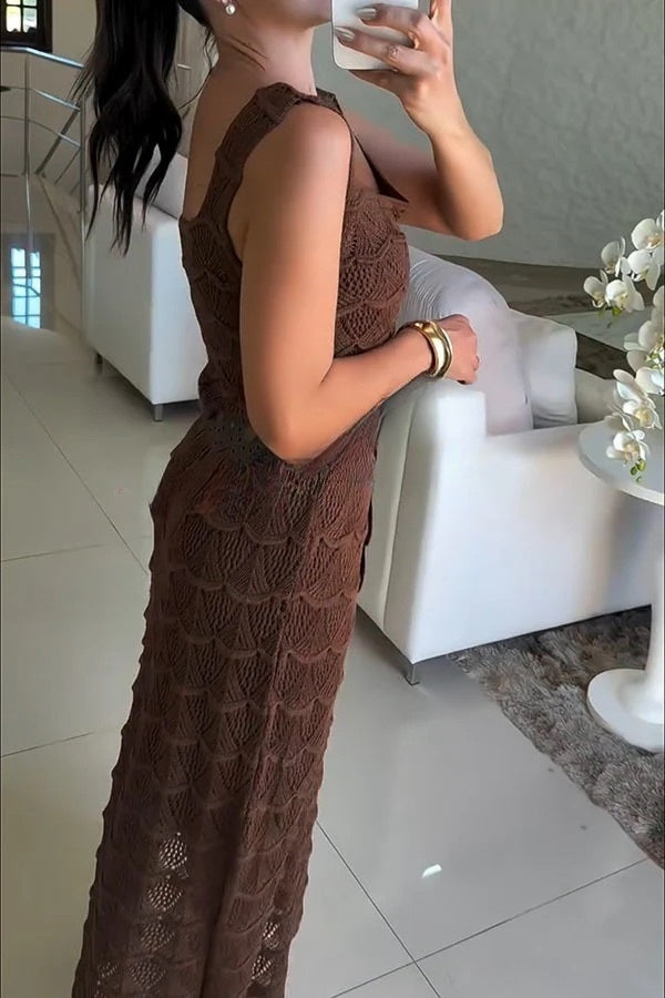 Ashlie Knit Hollow Fish Scale Pattern Tank and Elastic Waist Slit Maxi Skirt Set