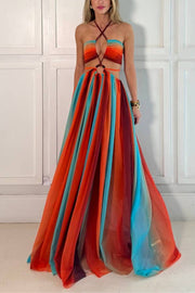 Variety of Styles Tulle Printed Ring Hollow Design Slit Vacation Maxi Dress