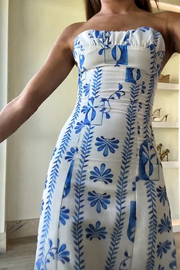 Robe longue bustier froncée à imprimé floral et vagues en lin mélangé Freya