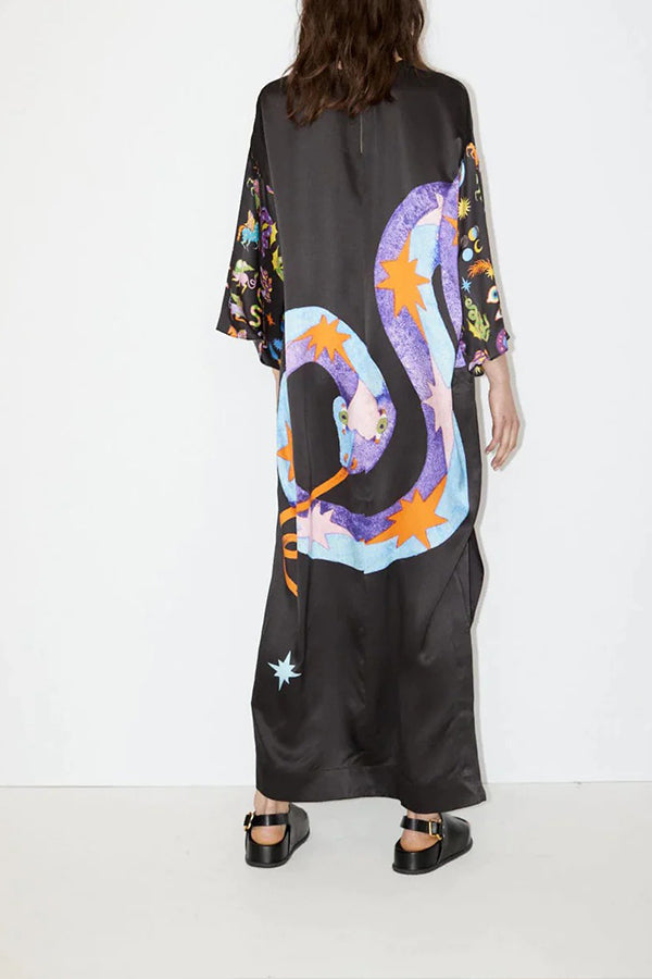MOSTLY MAGIC SATIN UNIQUE PRINT SLIT RELAXED VACATION MAXI DRESS