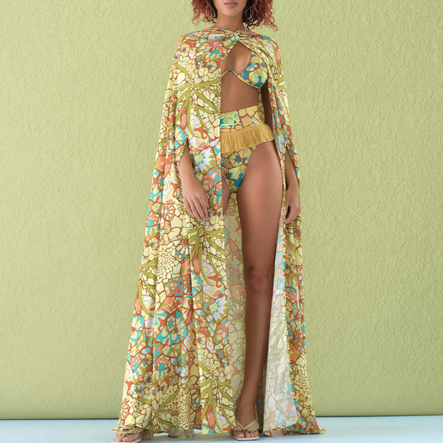 Opulent Printed Tassel Bikini Swimsuit and Cape