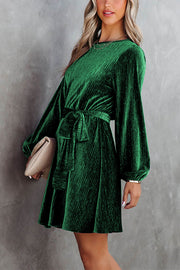 Green Crinkle Velvet Tie Waist Puff Sleeve Mini Dress