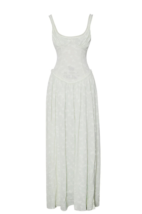 Ulissa – Hellgrünes Maxikleid mit Jacquard-Struktur und quadratischem Ausschnitt und hohem Schlitz