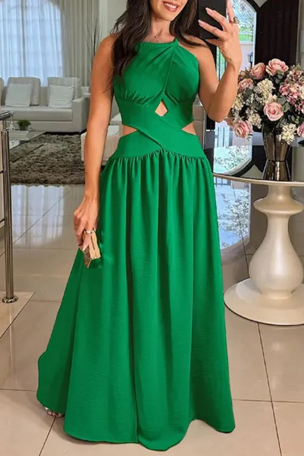 Robe longue dos nu sexy à nouer croisé de couleur unie