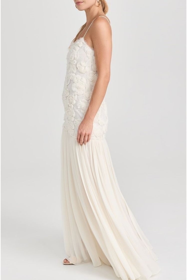 Indulge in Floral Applique Pleated Chiffon Hem Slip Maxi Dress