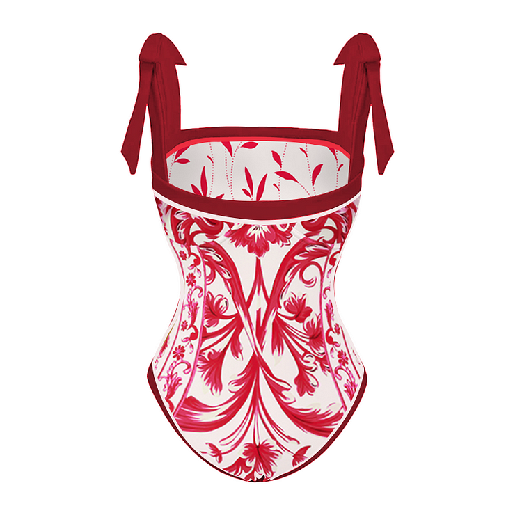 Maillot de bain une pièce réversible à épaules nouées et jupe style baroque 