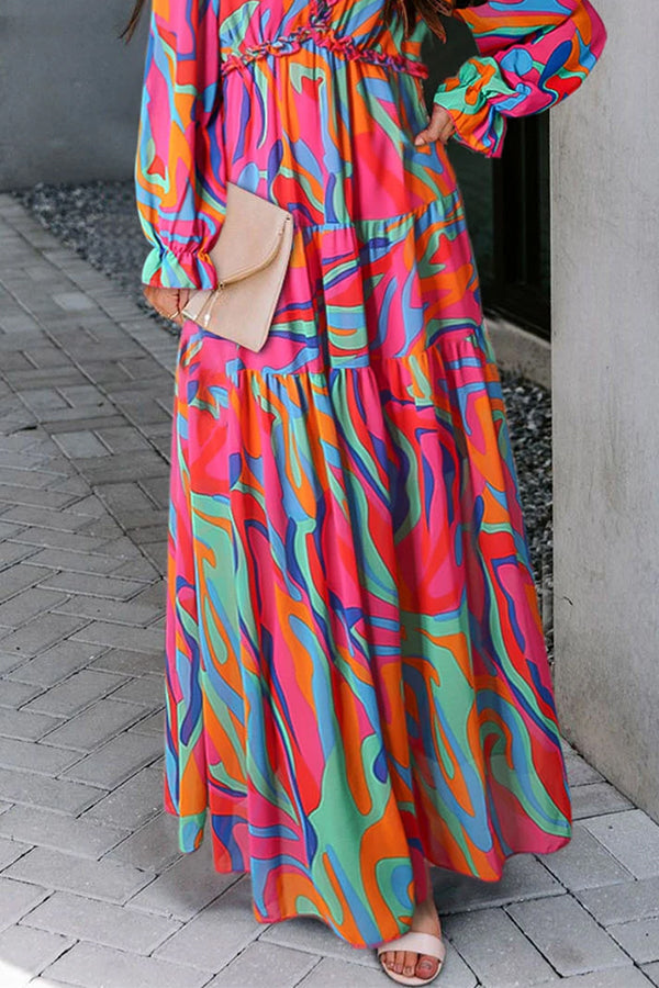 Robe longue à imprimé floral multicolore et à volants, décolleté plongeant