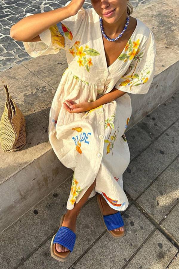 Bedrucktes Midikleid aus Leinen 
