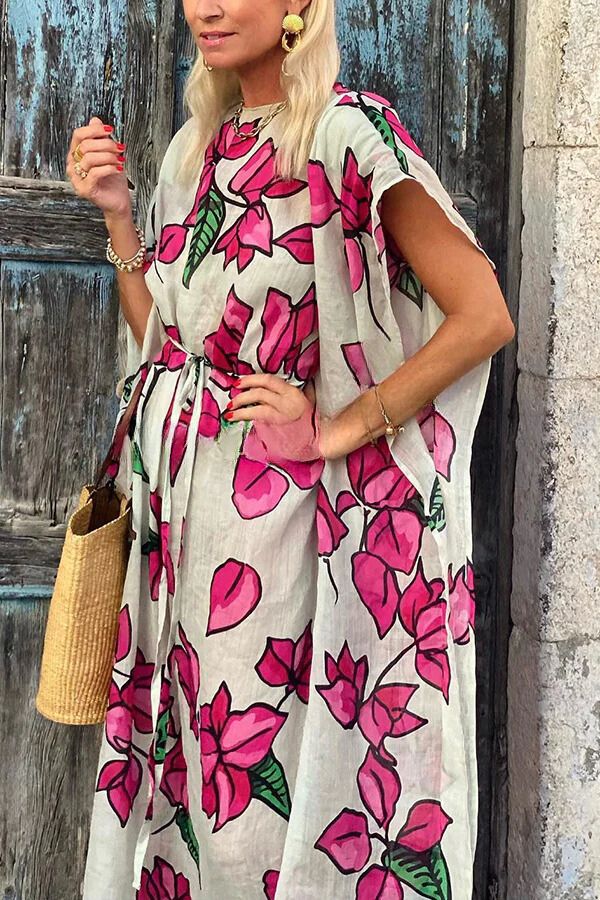 Floral Print Dolman Sleeve Belted Loose Maxi Dress