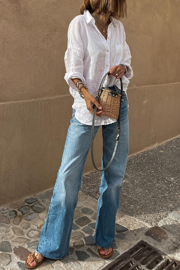 2023 new Linen blend lapel all-match blouse