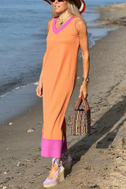 Pink Orange Contrasting Color Sleeveless Comfort Dress