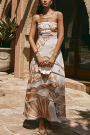 Daje Linen Blend Unique Print Round Hollow Trim Tie-up Bust Slip Maxi Dress