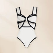 Black and White Bow-tie Decor One Piece Swimsuit and Skirt