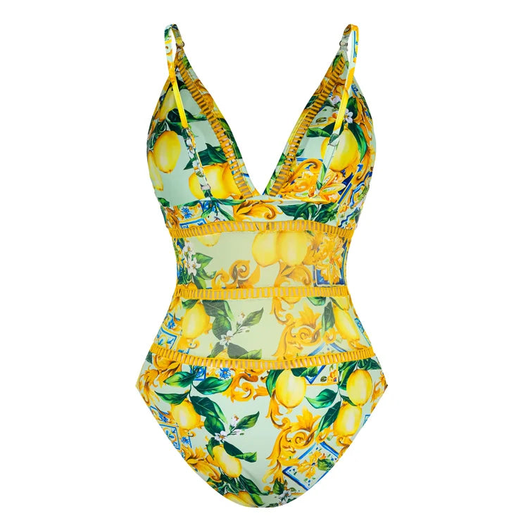 Maillot de bain une pièce bleu à imprimé méditerranéen et col en V, et paréo en maille 