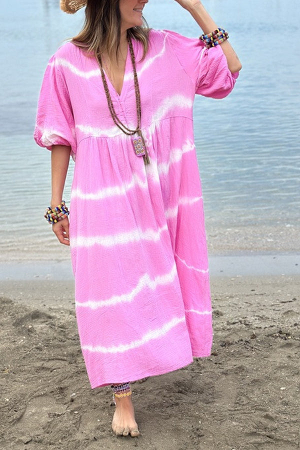 Striped tie-dye bubble half-sleeve V-neck casual dress