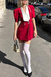 Stylish Contrast Lapel Backless Bow Shirt Style Pocket Mini Dress