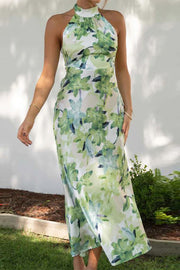 Spice Girl High Neck Temperament Elegant Slit Printed Dress Long Skirt