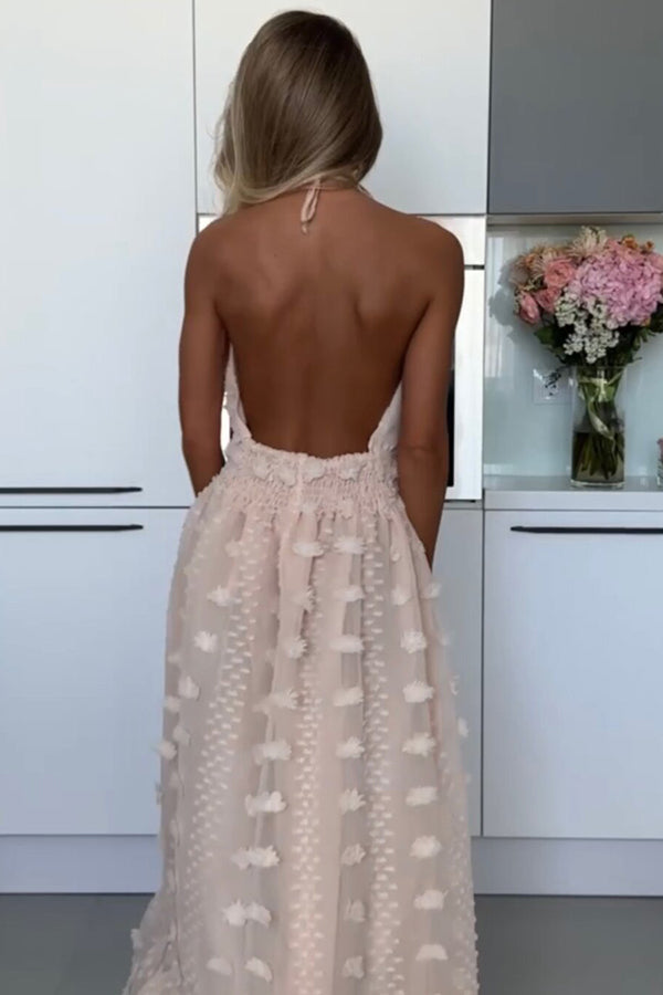 Robe longue fendue dos nu à taille élastique et broderie florale Gloria