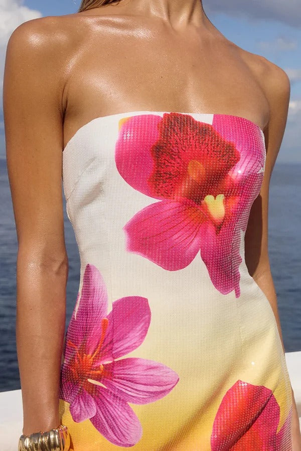 Beach Club Sequin Unique Flowers Print Strapless Stretch Mini Dress