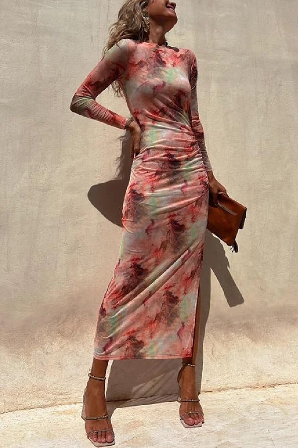 Charm Lady Mesh-Overlay Tie-Dye-Print Langärmliges, gerüschtes Stretch-Midikleid 