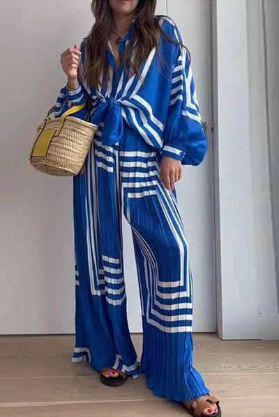 Vacation Chic Attitude Geometric Print Oversized Shirt and Elasticated Wide Leg Pants