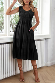 Black U-Neck Sleeveless Ruched Tiered Ruffled Midi Dress