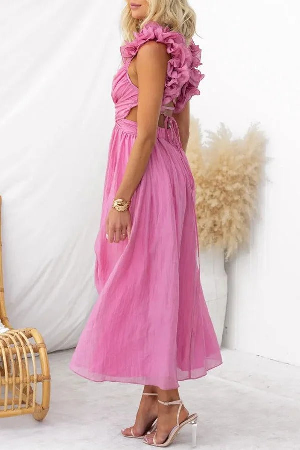 Robe longue de luxe à volants floraux et lacets dans le dos avec taille élastique