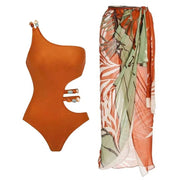 Stones Beaded Belt Cutout One Piece Swimsuit and Sarong