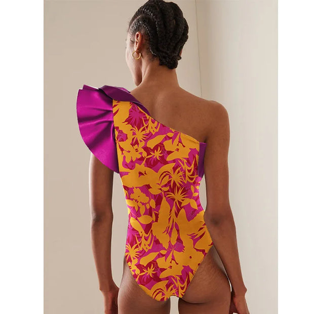 One Shoulder Ruffle Printed One Piece Swimsuit and Sarong