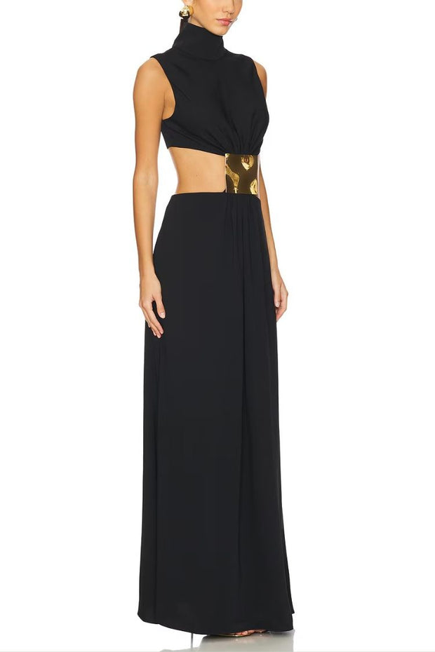 Avery High Neck Metal Decoration Cutout Waist Maxi Dress